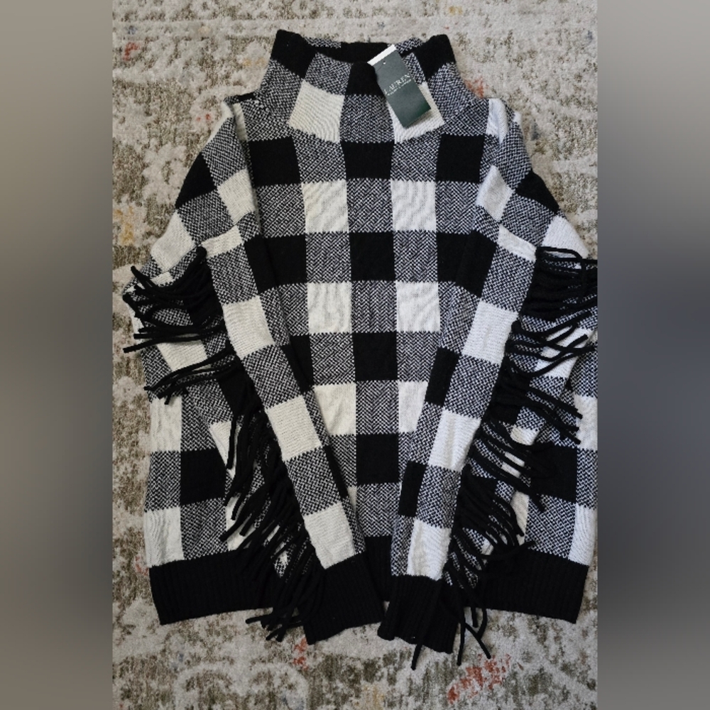 Ralph Lauren Women Buffalo Check Fringe Pullover Sweater-Black & White Sz L-NWT